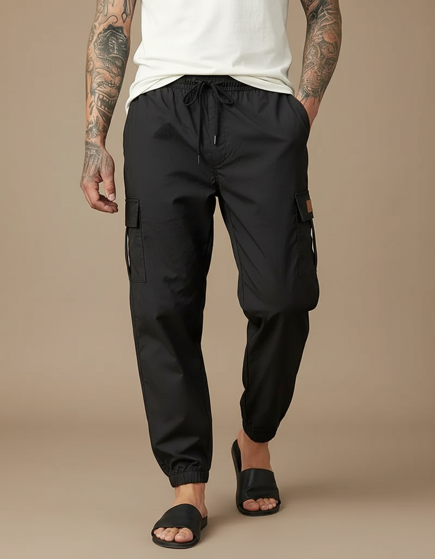 Pantalon Parachute Noir Cargo Cordon Fluide Homme - Polyester