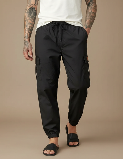 Pantalon Parachute Noir Cargo Cordon Fluide Homme - Polyester