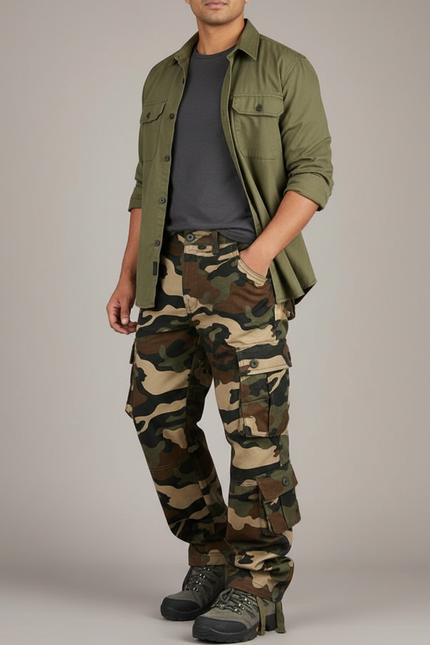 Pantalon Parachute Camouflage Militaire Cargo Ample Coton - Multicolore