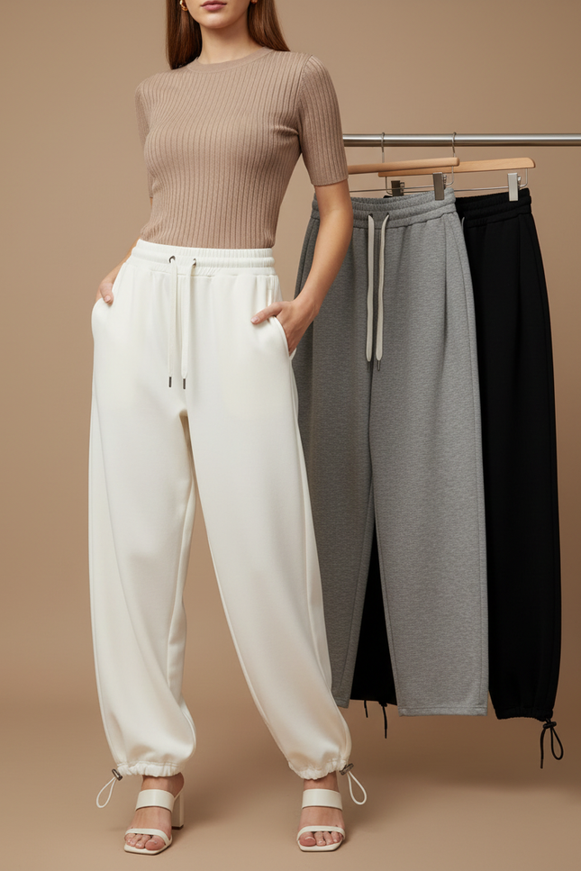Pantalon Parachute Blanc Ample Cordon Décontracté Femme - Molleton