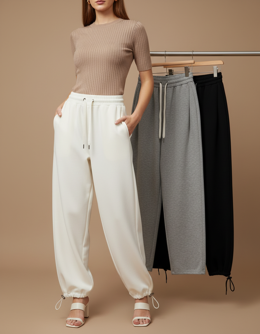 Pantalon Parachute Blanc Ample Cordon Décontracté Femme - Molleton
