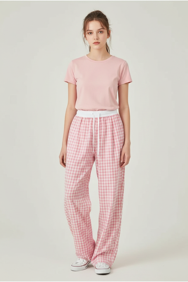 Pantalon Parachute Rose Vichy Ample Coton Décontracté