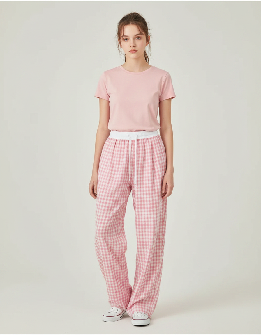 Pantalon Parachute Rose Vichy Ample Coton Décontracté