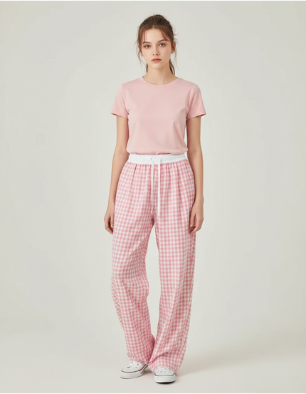 Pantalon Parachute Rose Vichy Ample Coton Décontracté