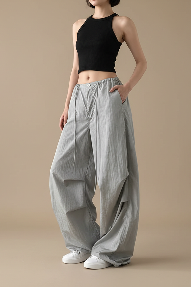 Pantalon Parachute Femme Gris Baggy Nylon - Polyester