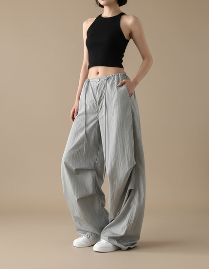 Pantalon Parachute Femme Gris Baggy Nylon - Polyester