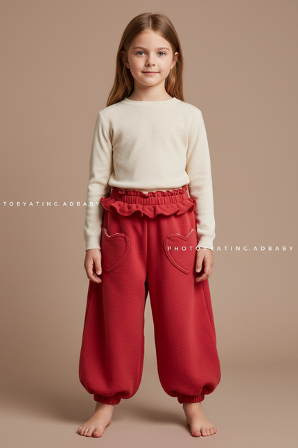 Pantalon Parachute Rouge Ample Molleton Coeurs Fille