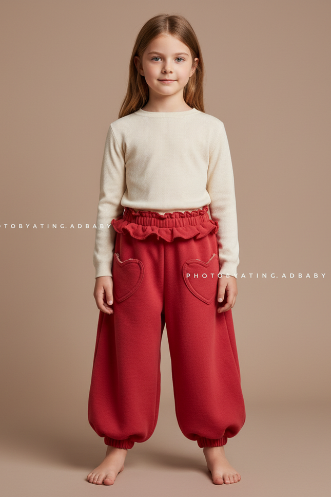 Pantalon Parachute Rouge Ample Molleton Coeurs Fille