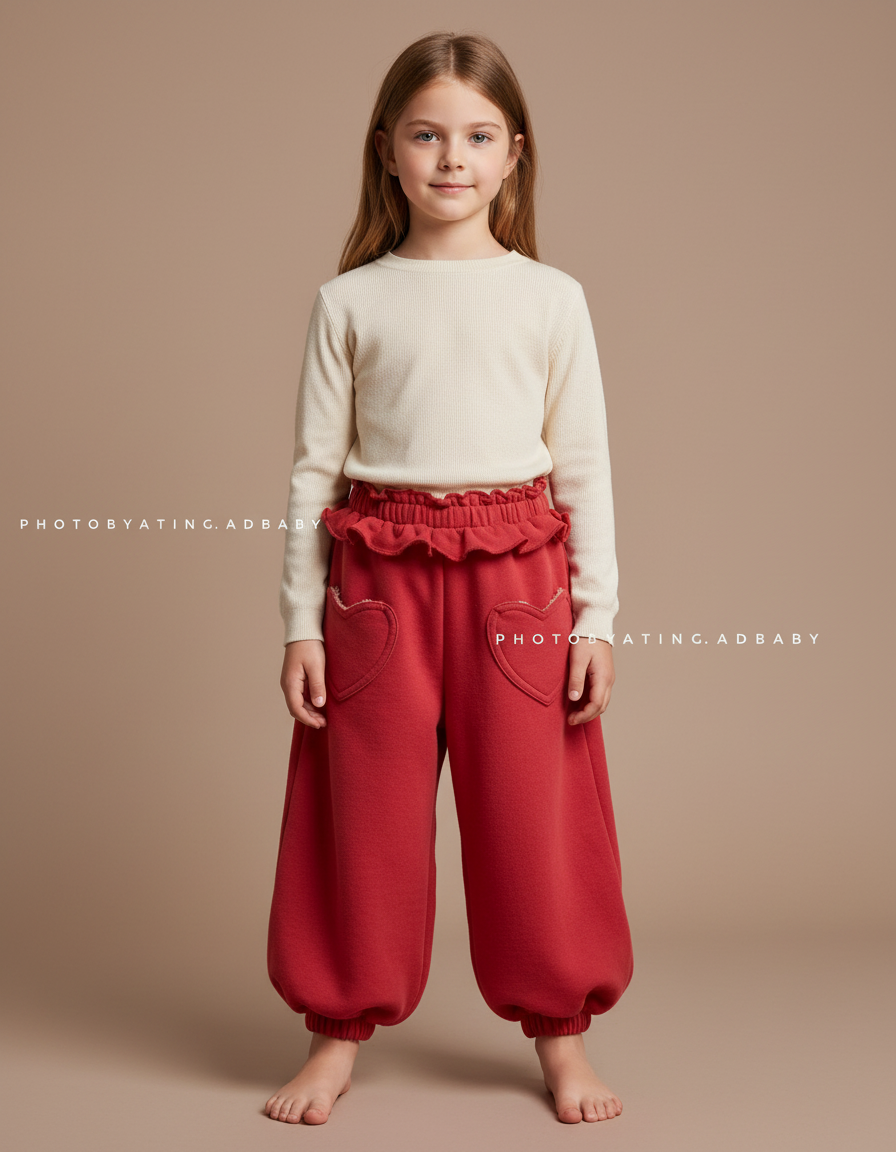 Pantalon Parachute Rouge Ample Molleton Coeurs Fille