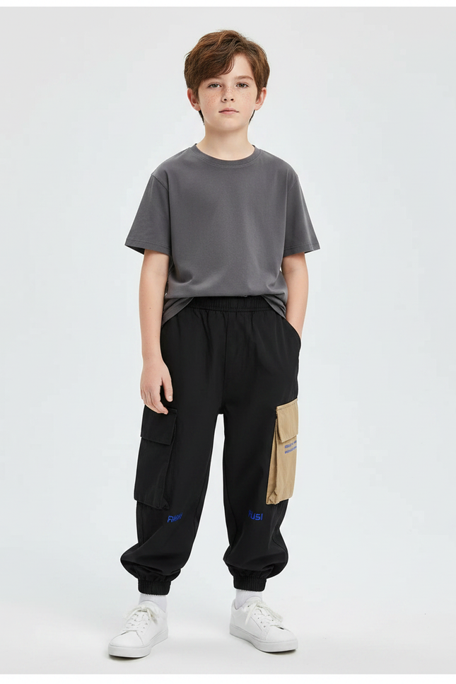 Pantalon Parachute Noir Cargo Ample Streetwear Enfant - Polyester