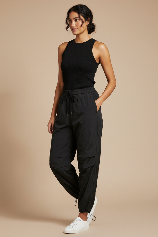 Pantalon Parachute Noir Fluide Froissé Décontracté - Polyester