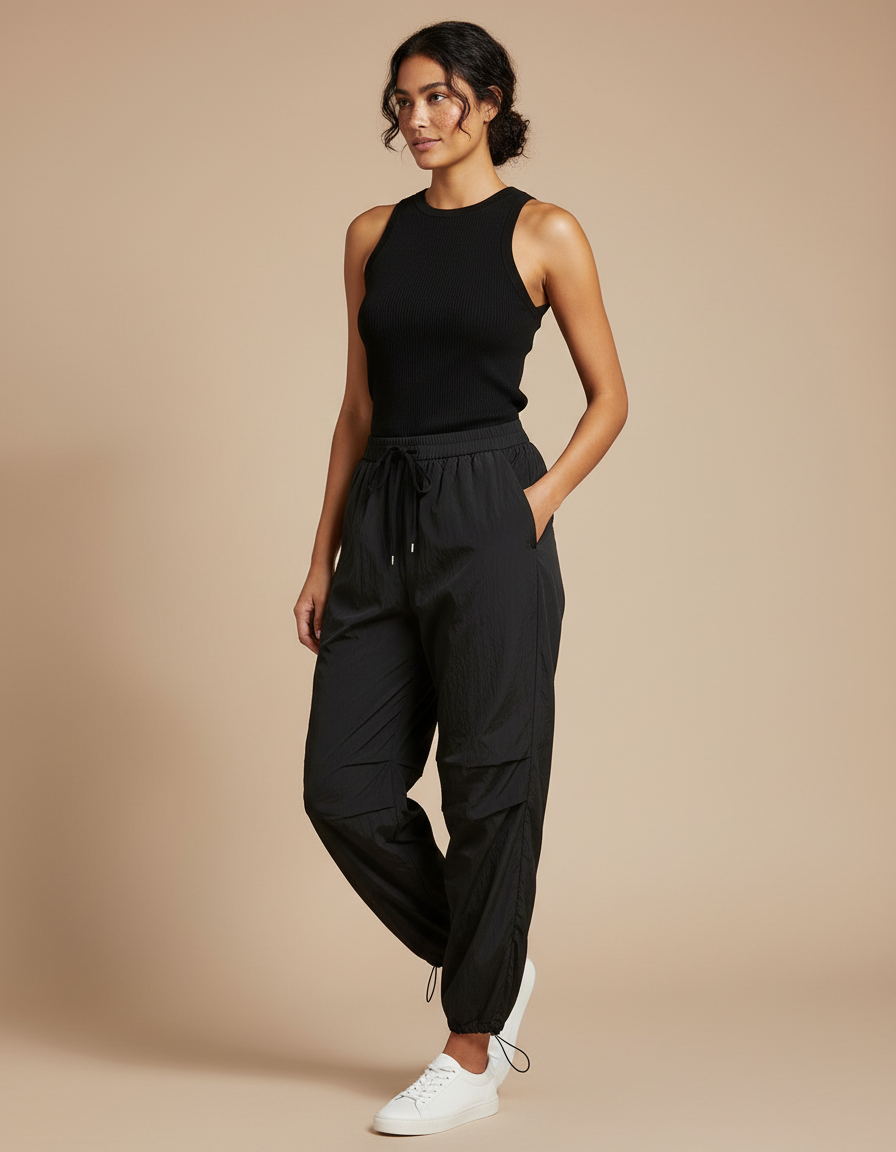 Pantalon Parachute Noir Fluide Froissé Décontracté - Polyester