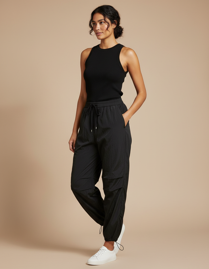 Pantalon Parachute Noir Fluide Froissé Décontracté - Polyester