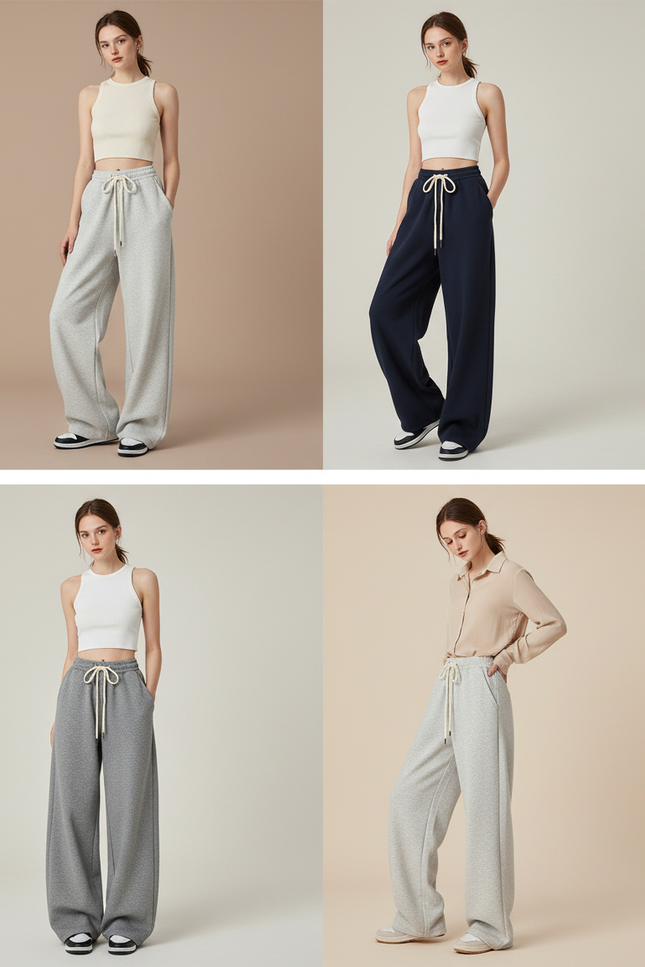 Pantalon Parachute Large Décontracté Taille Haute Femme - Gris Molleton
