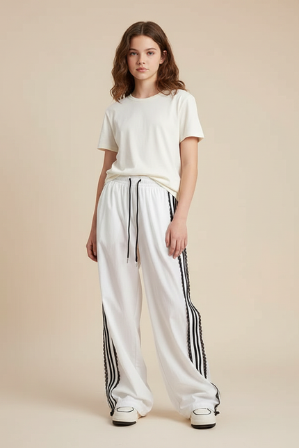 Pantalon Parachute Blanc Large Bandes Noires Femme - Coton