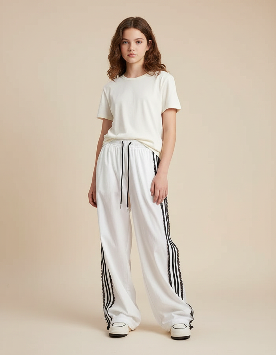Pantalon Parachute Blanc Large Bandes Noires Femme - Coton