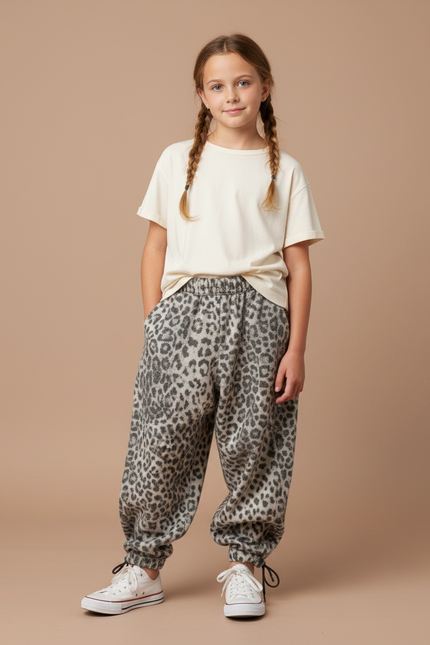 Pantalon Parachute Léopard Molleton Ample Fille Hiver - Imprimé