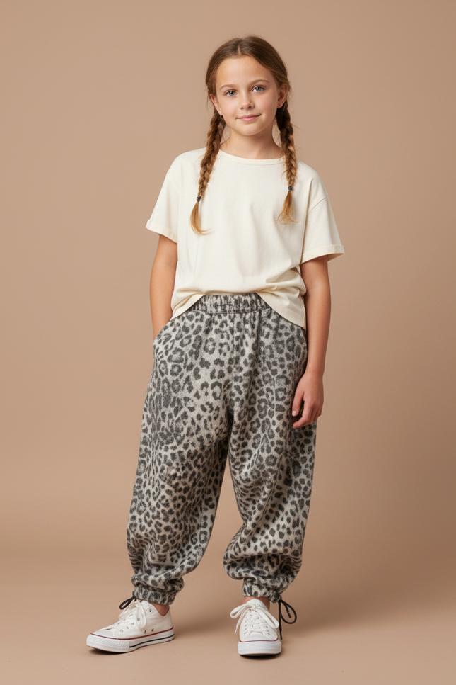 Pantalon Parachute Léopard Molleton Ample Fille Hiver - Imprimé