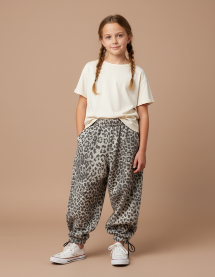 Pantalon Parachute Léopard Molleton Ample Fille Hiver - Imprimé