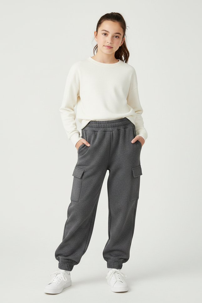 Pantalon Parachute Cargo Gris Ample Molletonné Fille