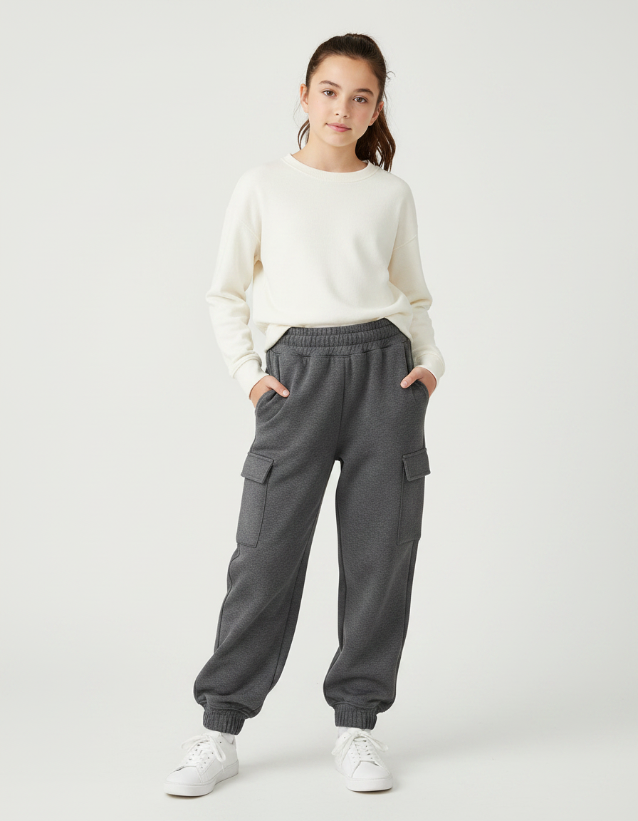 Pantalon Parachute Cargo Gris Ample Molletonné Fille
