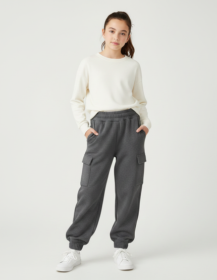 Pantalon Parachute Cargo Gris Ample Molletonné Fille