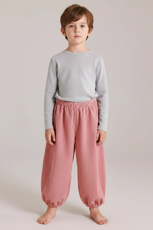 Pantalon Parachute Rose Côtelé Ample Élastiqué Enfant - Cordé