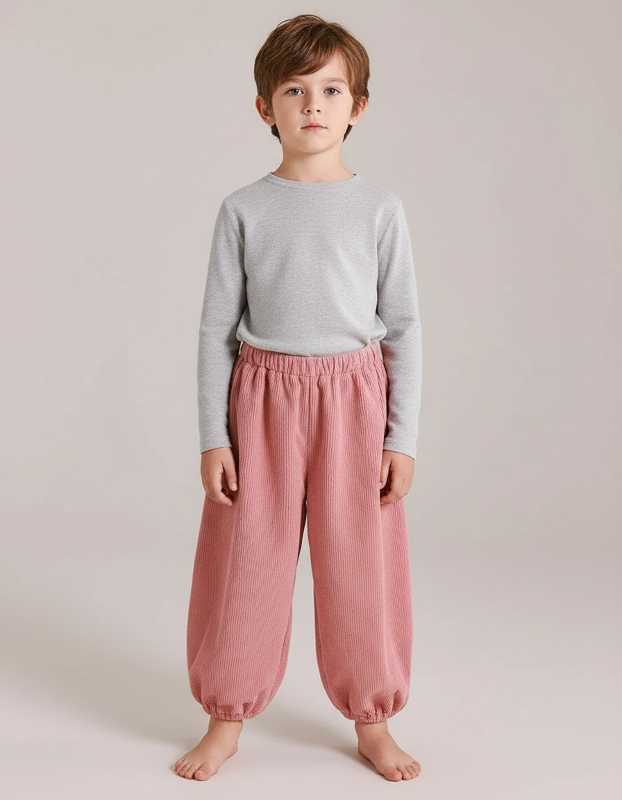Pantalon Parachute Rose Côtelé Ample Élastiqué Enfant - Cordé