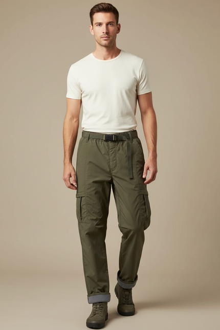 Pantalon Parachute Vert Olive Cargo Doublé Homme - Kaki Polyester