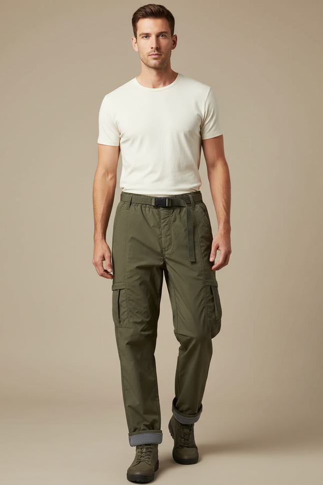 Pantalon Parachute Vert Olive Cargo Doublé Homme - Kaki Polyester