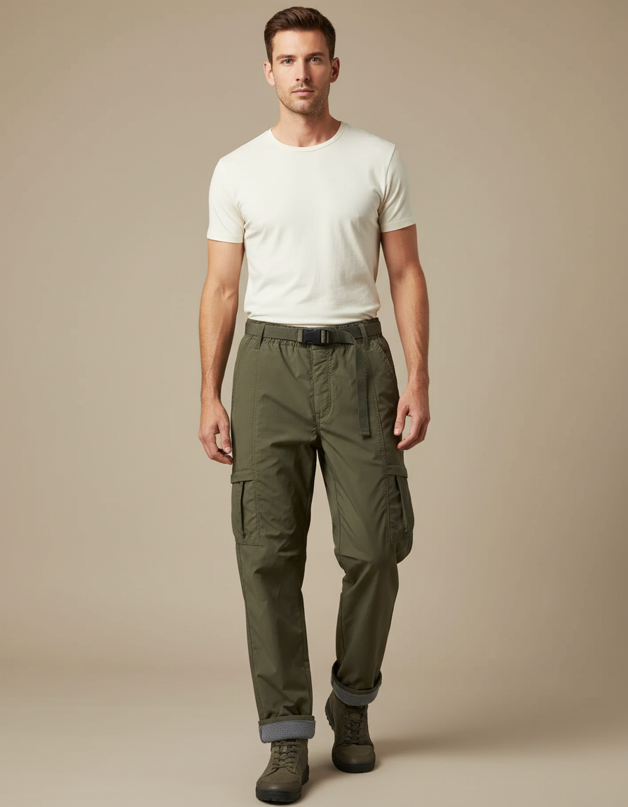 Pantalon Parachute Vert Olive Cargo Doublé Homme - Kaki Polyester