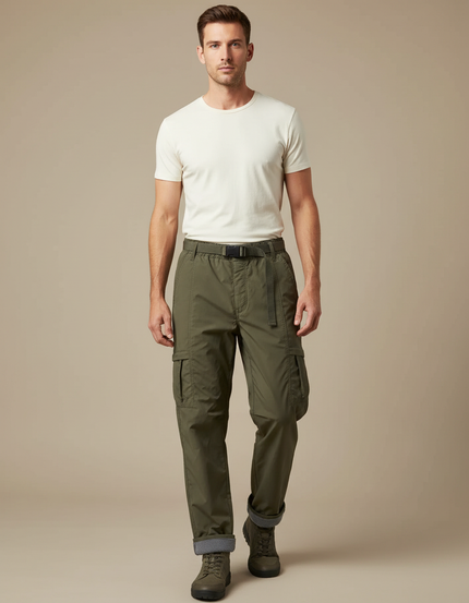 Pantalon Parachute Vert Olive Cargo Doublé Homme - Kaki Polyester