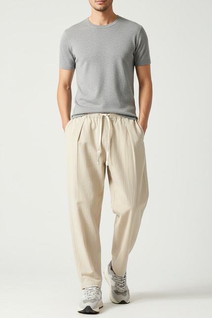 Pantalon Parachute Beige Ample Coton Lin Homme Décontracté