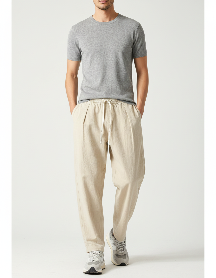 Pantalon Parachute Beige Ample Coton Lin Homme Décontracté