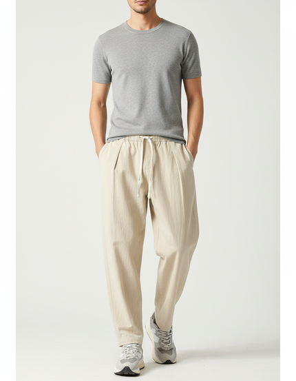 Pantalon Parachute Beige Ample Coton Lin Homme Décontracté