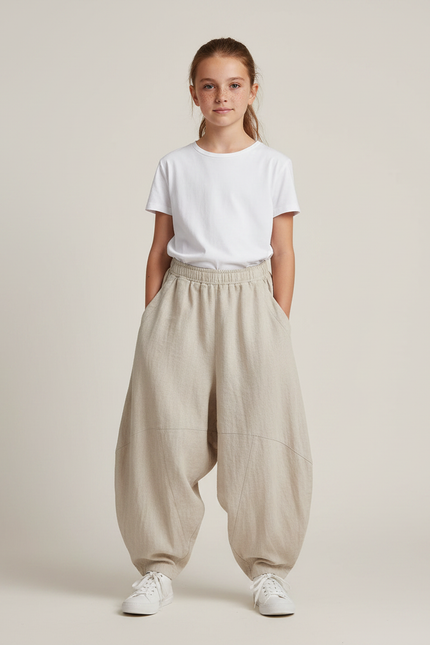 Pantalon Parachute Beige Lin Ample Décontracté Enfant