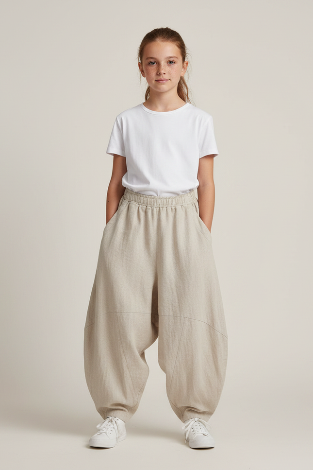 Pantalon Parachute Beige Lin Ample Décontracté Enfant