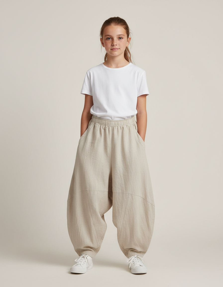 Pantalon Parachute Beige Lin Ample Décontracté Enfant