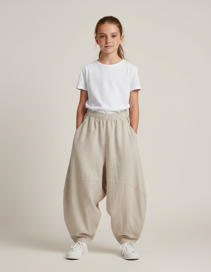 Pantalon Parachute Beige Lin Ample Décontracté Enfant