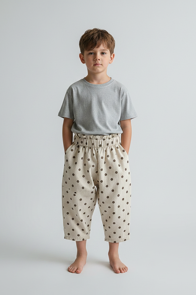 Pantalon Parachute Beige Ample Pois Coton Enfant