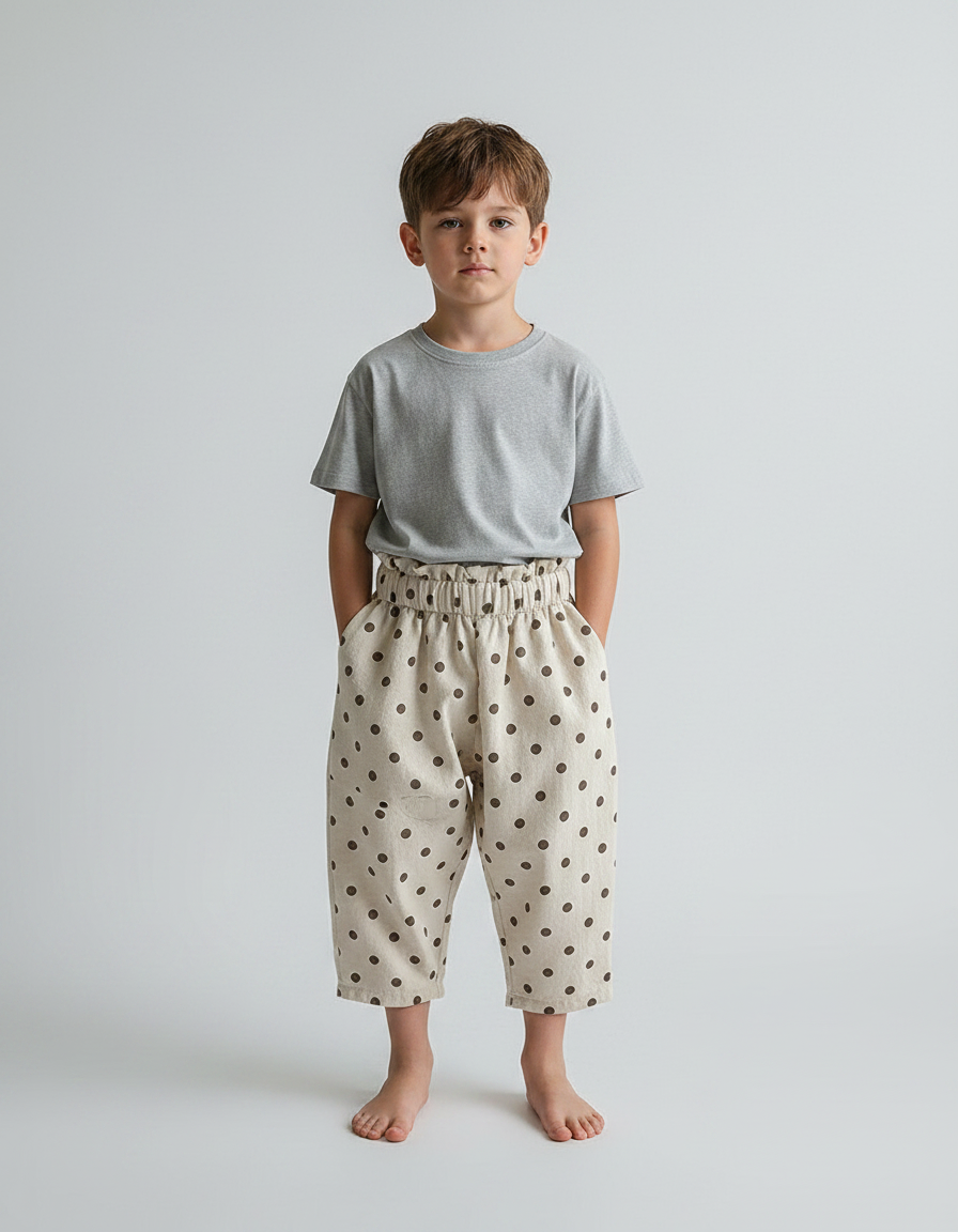 Pantalon Parachute Beige Ample Pois Coton Enfant