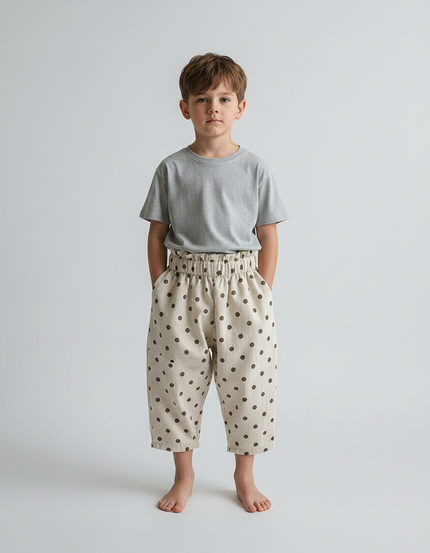 Pantalon Parachute Beige Ample Pois Coton Enfant