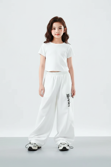 Pantalon Parachute Blanc Ample Imprimé Décontracté Fille - Polyester