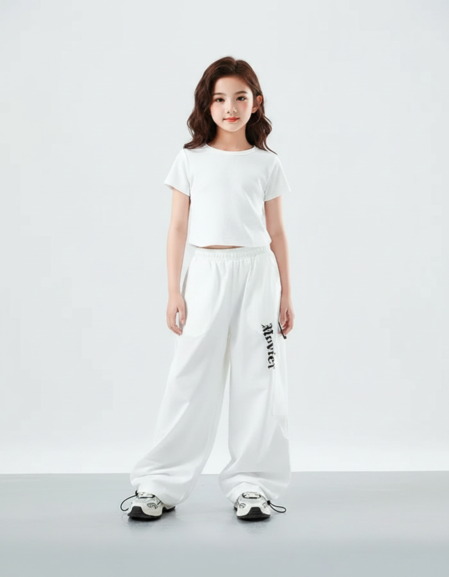 Pantalon Parachute Blanc Ample Imprimé Décontracté Fille - Polyester