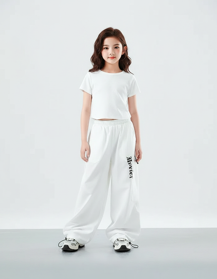Pantalon Parachute Blanc Ample Imprimé Décontracté Fille - Polyester