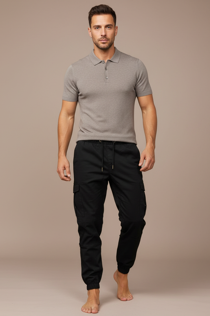Pantalon Parachute Noir Cargo Cordon Cheville Homme - Toile