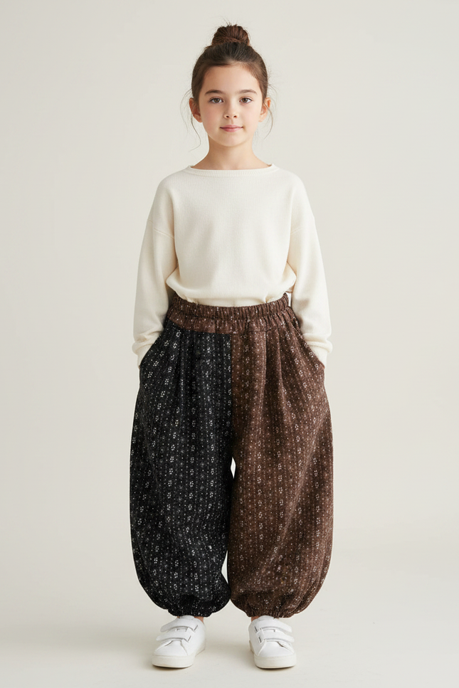 Pantalon Parachute Bicolore Ample Imprimé Floral Enfant - Multicolore Cordé