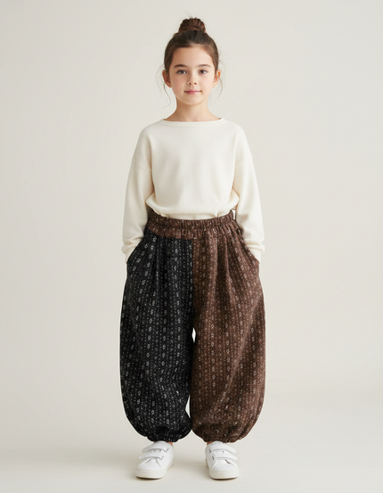 Pantalon Parachute Bicolore Ample Imprimé Floral Enfant - Multicolore Cordé