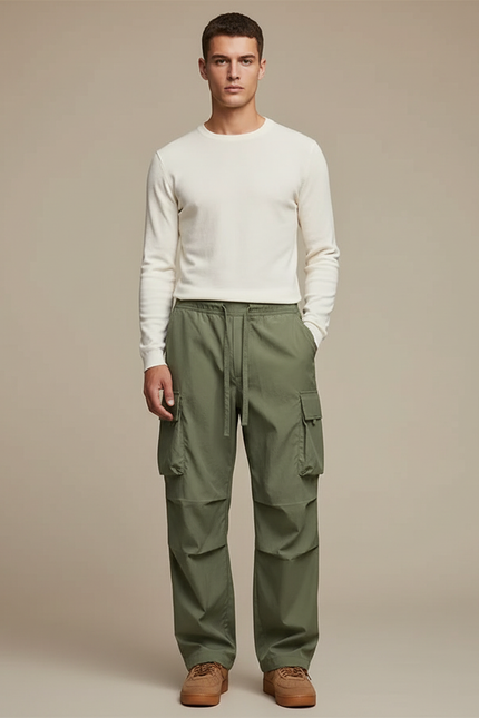 Pantalon Parachute Vert Ample Décontracté Homme Cargo - Kaki Polyester