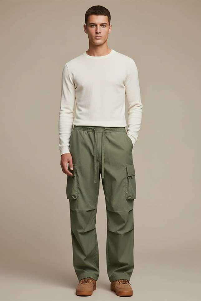 Pantalon Parachute Vert Ample Décontracté Homme Cargo - Kaki Polyester